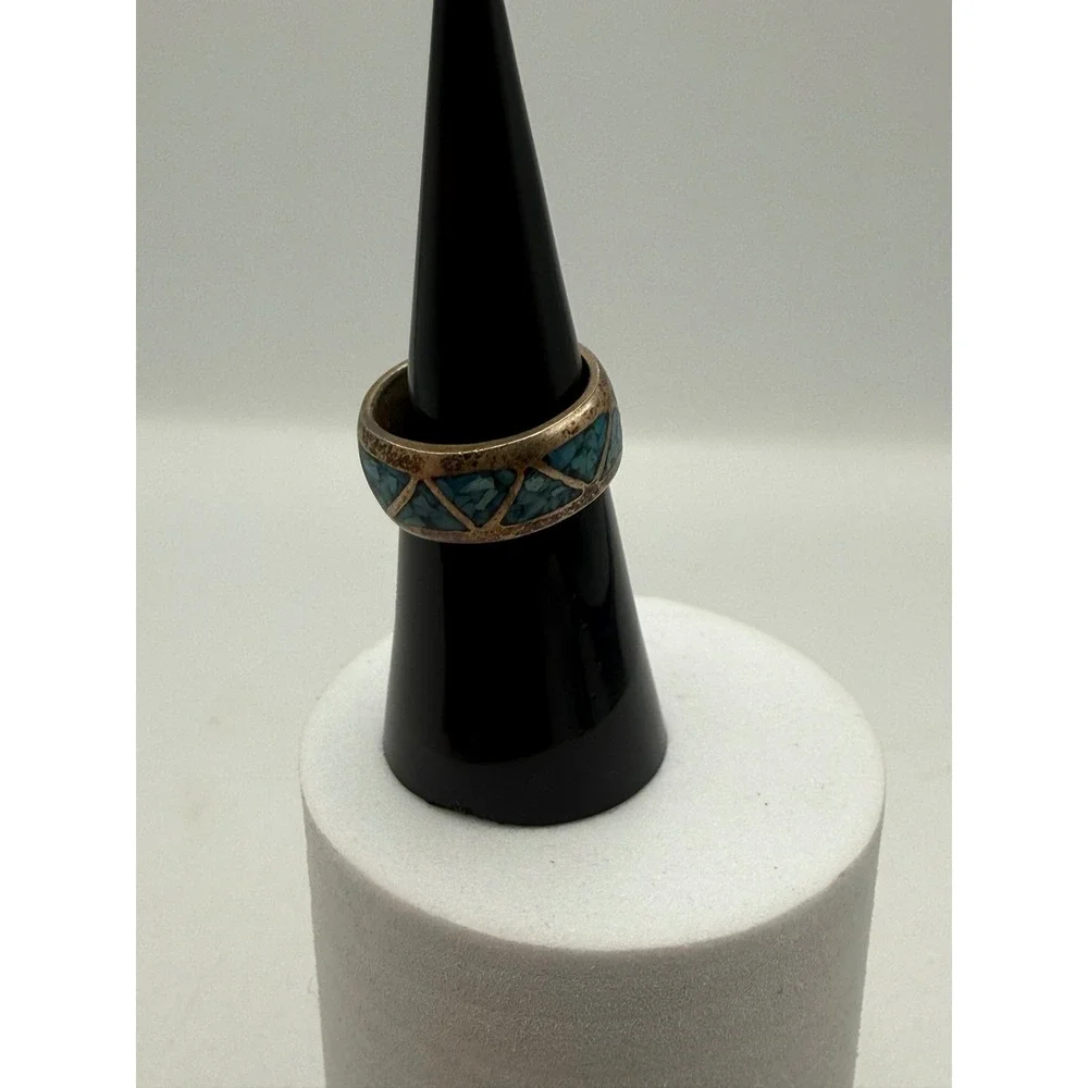 Vintage Southwestern Turquoise Chip Inlay Geometric Band Ring Size 5.25 Boho